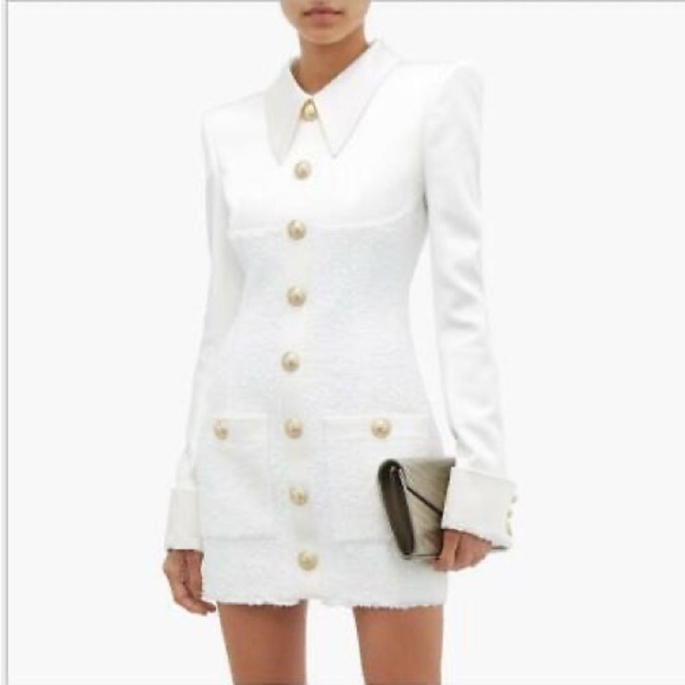 Gabby White Collard Tweed Long Sleeve Dress